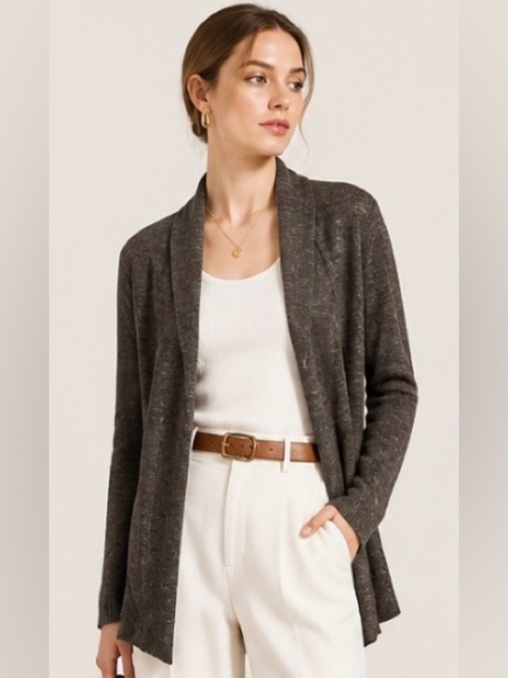 EILEEN FISHER Cardigan Sweater Silk Linen Wool Shawl Tunic Career Brown